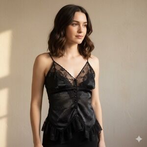 Lauren Alexandra Black Lace Trim Satin Camisole Top Womens M